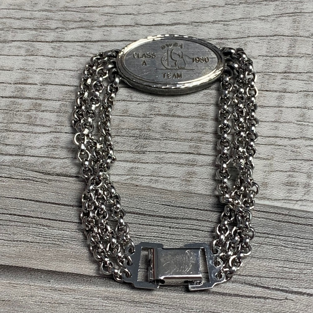 Vintage Speidel 1980 DWBA Bowling ID Bracelet Silver Tone Triple Chain USA
